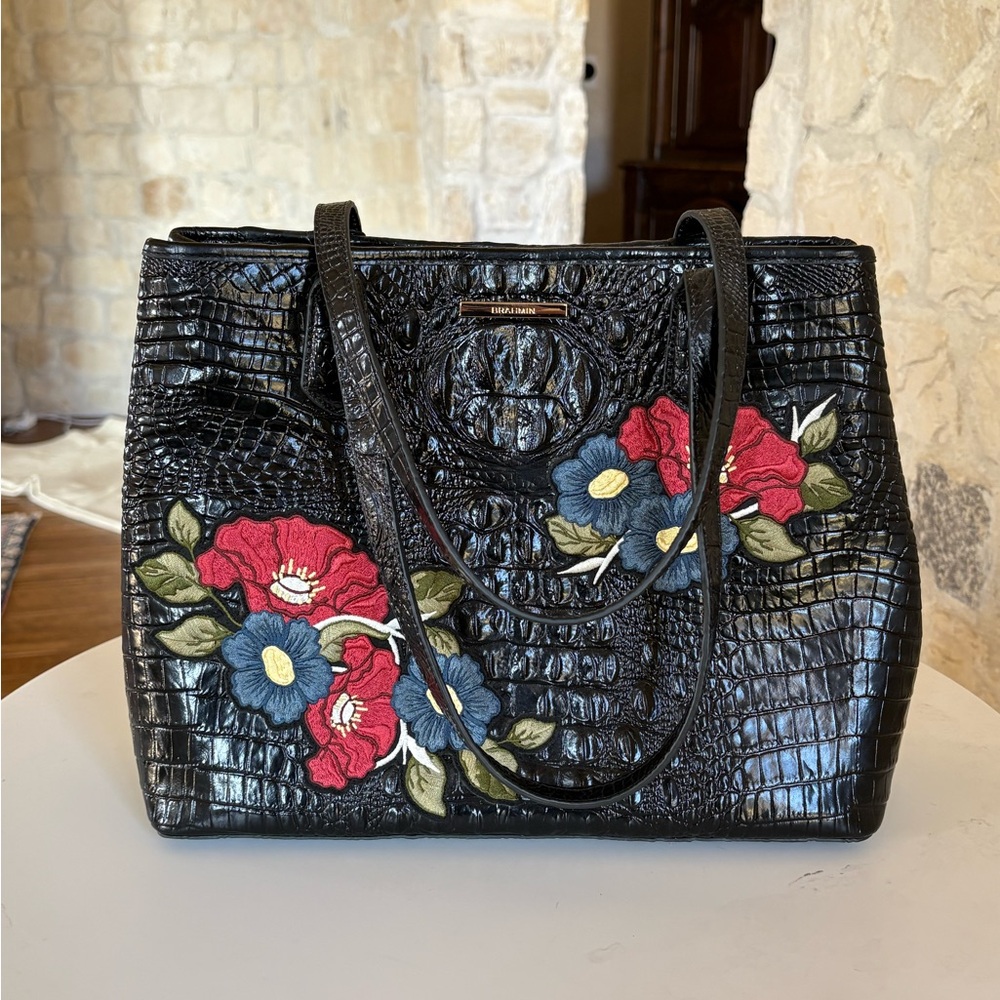 Brahmin Black Croc-Embossed Tote with Red Floral Accents